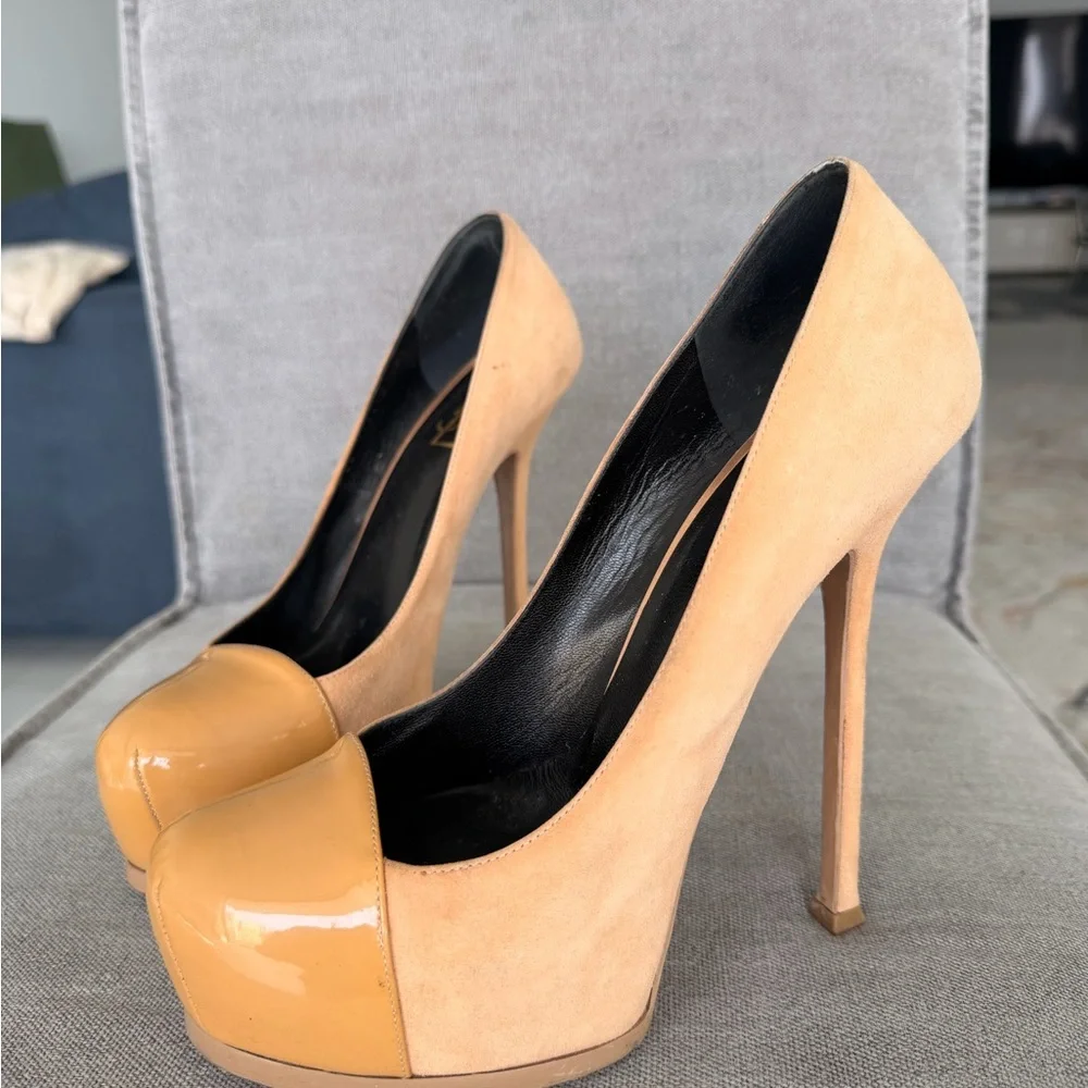 YSL Women's Tan Suede & Patent Leather High Heel Pumps